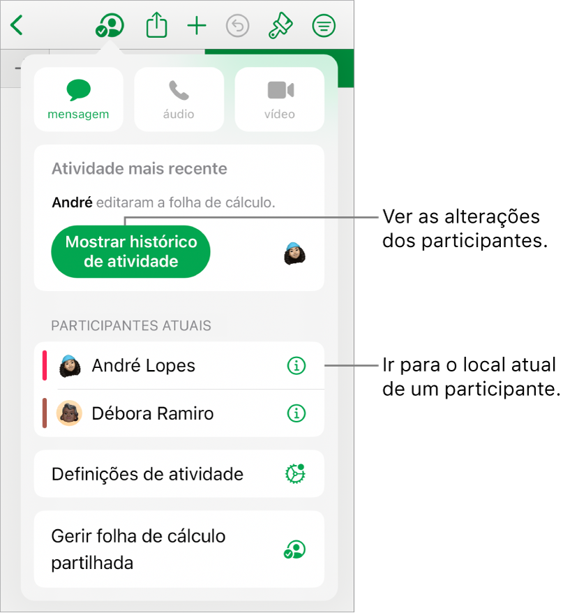 O menu de colaboração com os participantes atuais listados.