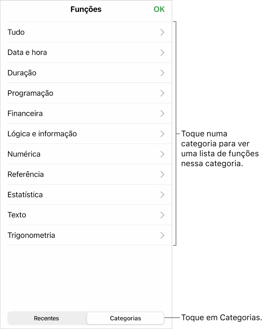 O navegador de funções com uma chamada para o botão Categorias e a lista de categorias.