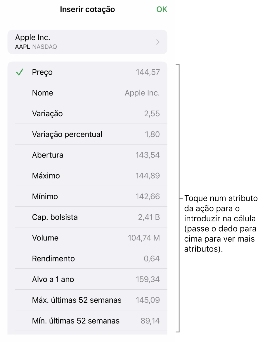 O pop-over de cotação, com o nome do título na parte superior e atributos do título selecionáveis, incluindo o preço, o nome, a variação, a variação percentual e a abertura apresentados abaixo.