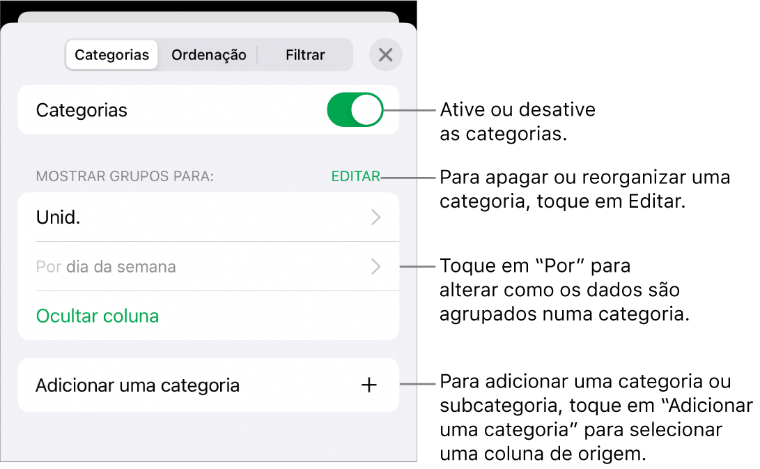 O menu Categorias para iPhone com opções para desativar as categorias, apagar categorias, reagrupar dados, ocultar uma coluna de origem e adicionar categorias.