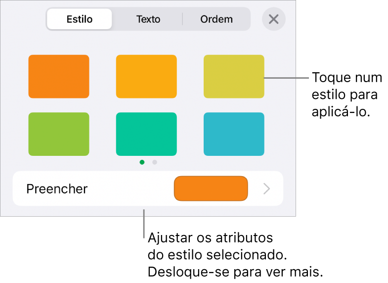 O separador Estilo do menu Formatação com estilos de forma na parte superior e um seletor de cor de preenchimento por baixo.