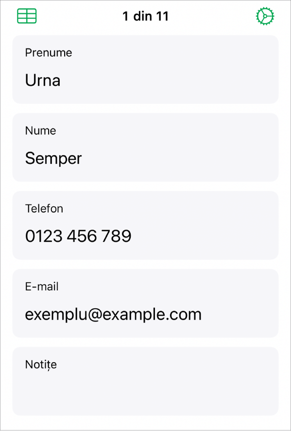 O înregistrare dintr-un formular având câmpuri pentru nume, număr de telefon, adresă de e-mail și altele. De asemenea, sunt afișate comenzi pentru vizualizarea tabelului asociat, modul de configurare a formularului și comutarea dintre înregistrări.