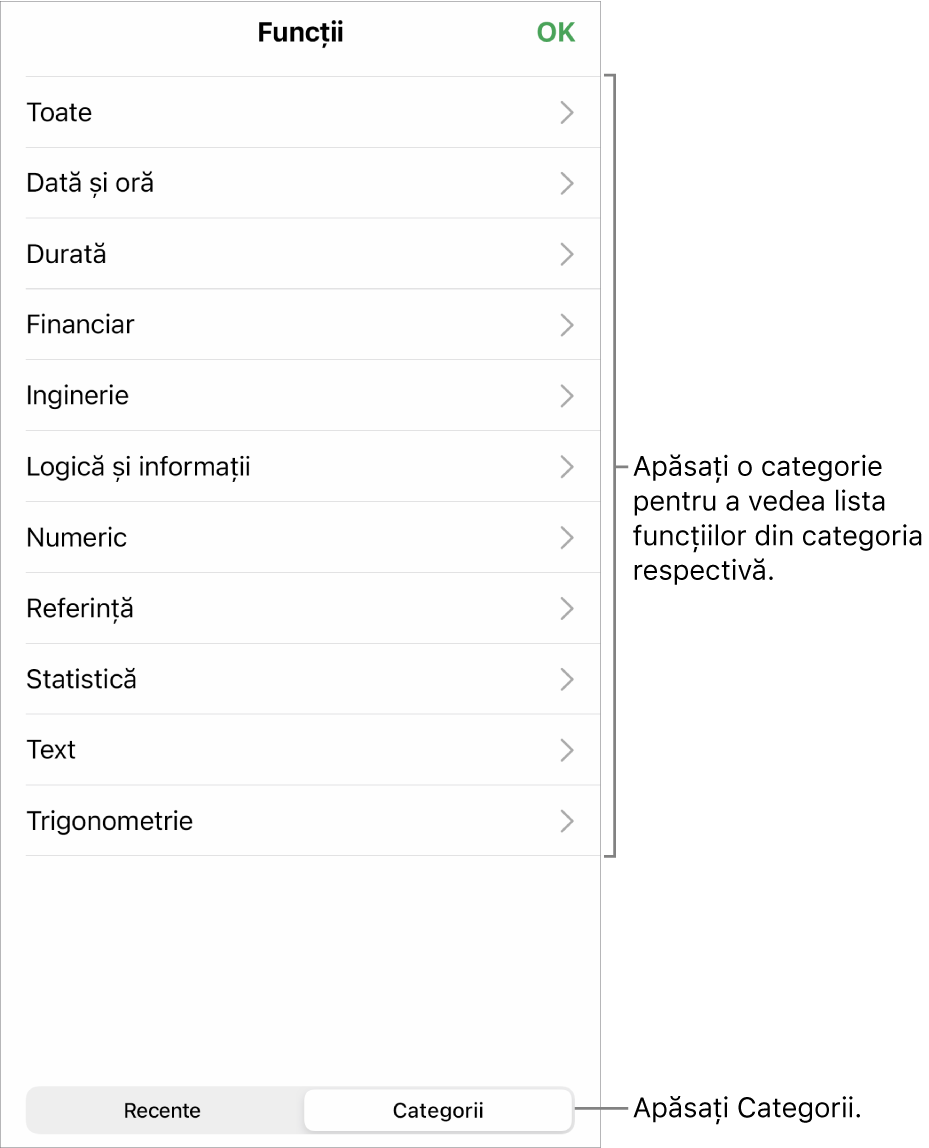 Browserul de funcții cu butonul Categorii selectat și lista categoriilor mai jos.