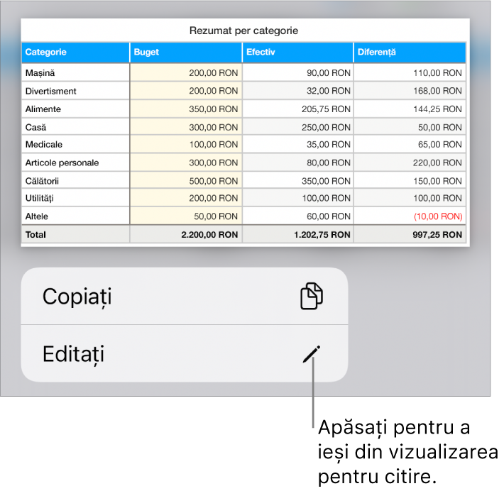 Un tabel este selectat și sub acesta se află un meniu cu butoanele Copiați și Editați.