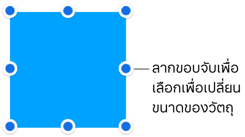 วัตถุที่มีจุดสีน้ำเงินบนเส้นขอบสำหรับเปลี่ยนขนาดของวัตถุ