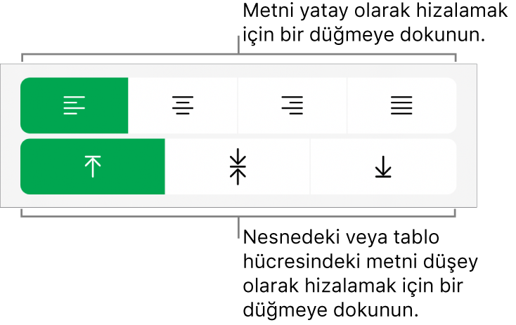 Metin için yatay ve düşey hizalama düğmeleri.