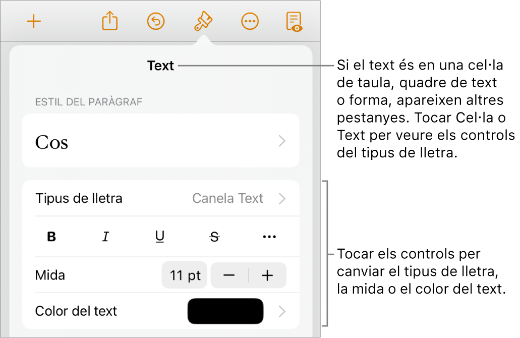 Controls de text al menú Format per definir els estils de paràgraf i de caràcter, el tipus de lletra, la mida i el color.