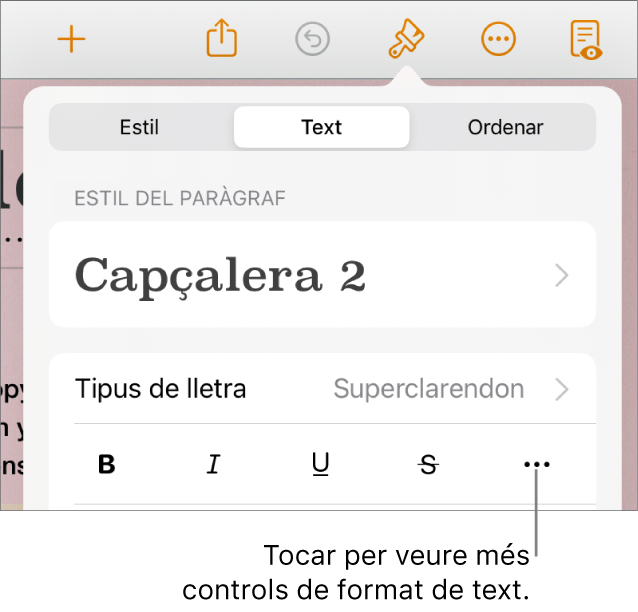 La pestanya Text dels controls de format amb una llegenda per al botó “Més opcions de text”.