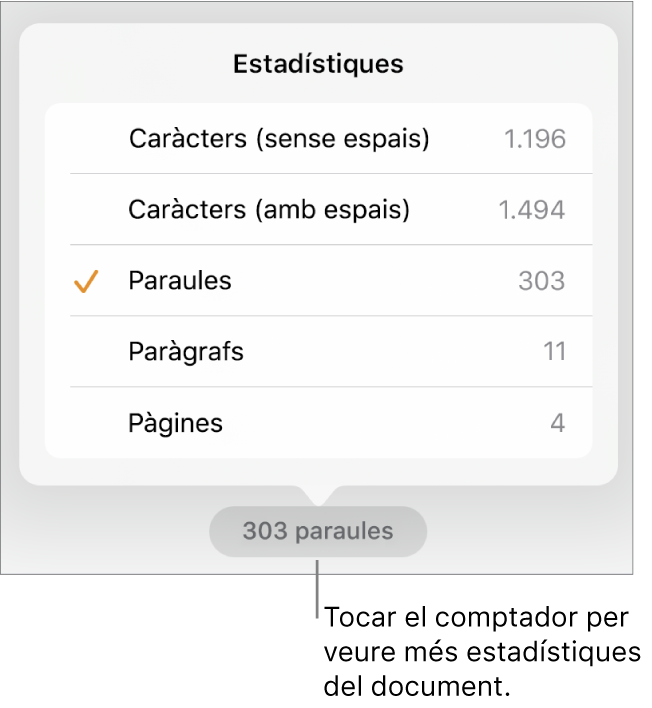 El comptador de paraules, amb un menú que mostra les opcions de visualització del nombre de caràcters amb i sense els espais, el recompte de paraules, el recompte de paràgrafs i el recompte de pàgines.