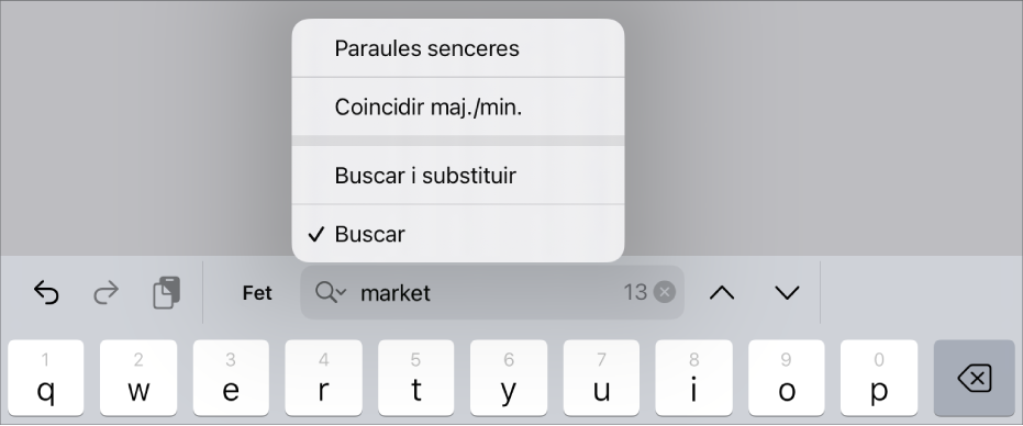 El menú d’opcions de cerca, amb les opcions Buscar, “Buscar i substituir”, “Coincidir maj./min.” i “Paraules senceres”.