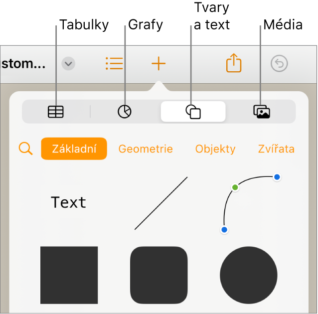 Ovládací prvky pro přidání objektu. V horní části se nacházejí tlačítka sloužící k výběru tabulek, grafů, tvarů (včetně čar a textových rámečků) a médií.