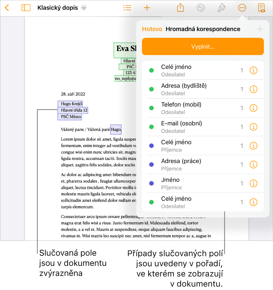 Dokument Pages s poli hromadné korespondence pro příjemce a odesílatele; na bočním panelu Dokument je vidět seznam instancí polí hromadné korespondence