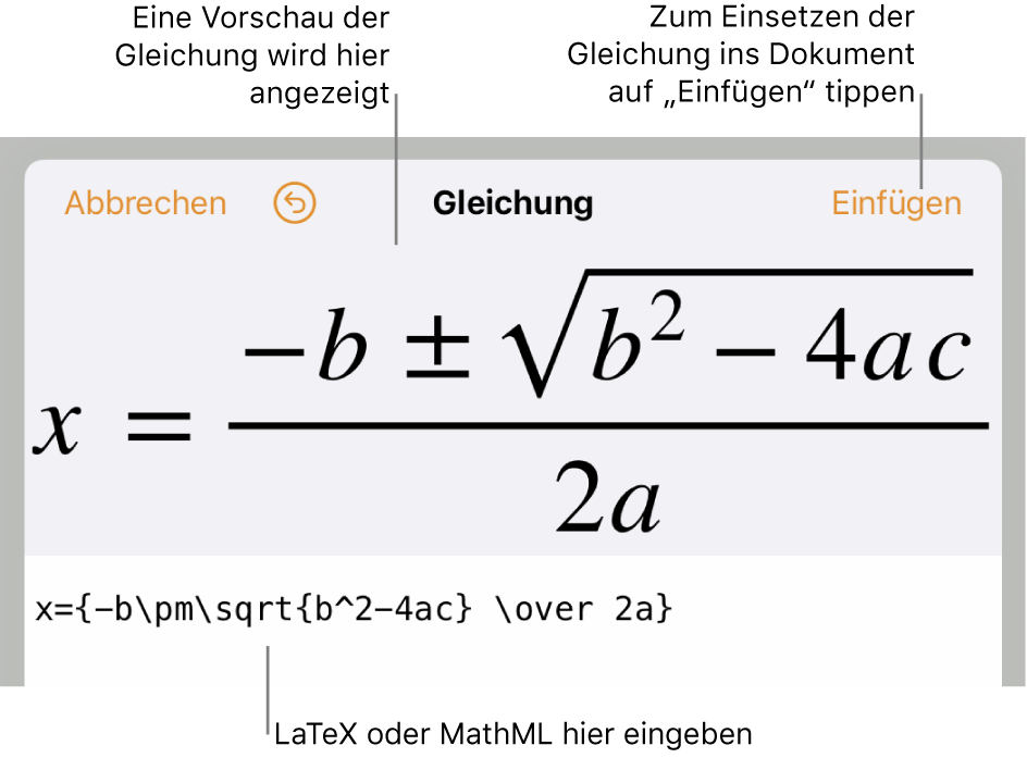 Im Dialogfenster „Gleichung bearbeiten“ wird die quadratische Formel angezeigt, die mit LaTeX-Befehlen geschrieben wurde, darüber wird eine Vorschau der Formel angezeigt.