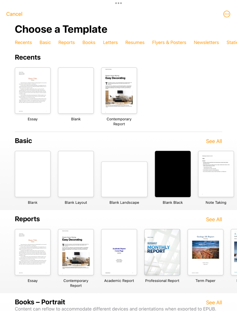 The template chooser, showing a row of categories across the top that you can tap to filter the options. Below are thumbnails of pre-designed templates arranged in rows by category, starting with Recent at the top and followed by Basic and Reports. A See All button appears above and to the right of each category row.
