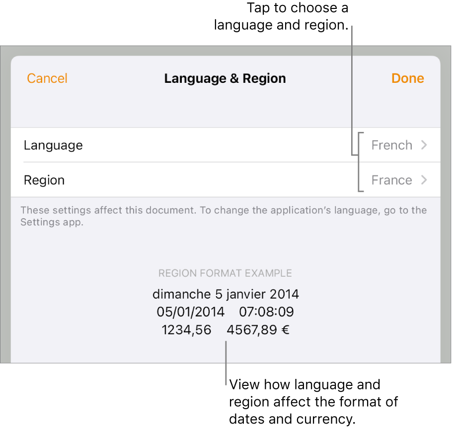 Language and Region pane with controls for language and region, and a format example including date, time, decimal and currency.