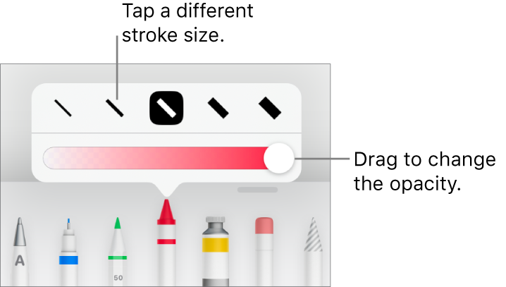 Controls for choosing a stroke size and a slider for adjusting the opacity.