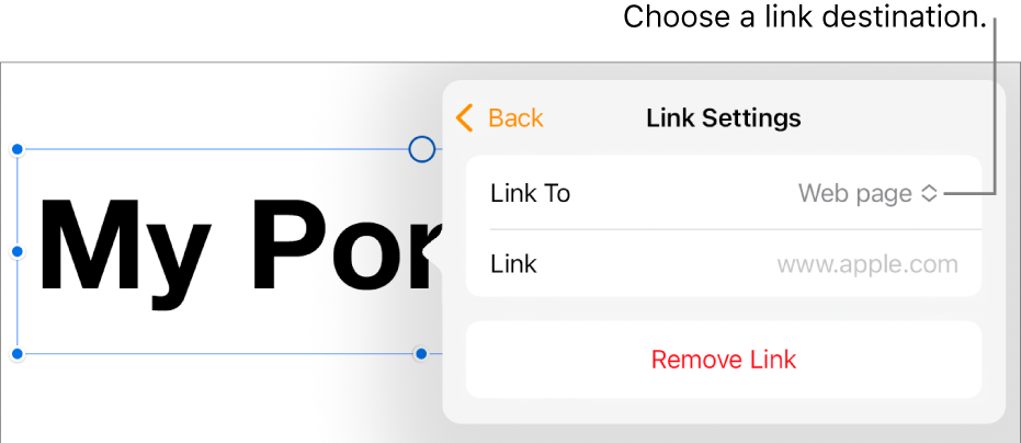 The Link Settings controls with Web Page selected and the Remove Link button at the bottom.