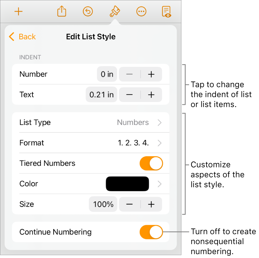 Edit List Style menu with controls for indent spacing, list type and format, tiered numbers, list color and size, and continued numbering.