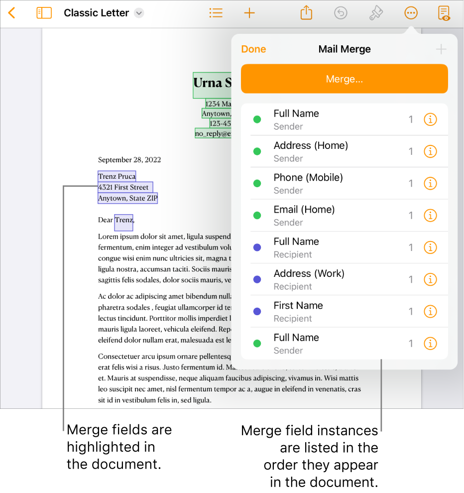 Pages document with recipient and sender merge fields, and the merge field instances list visible in the Document sidebar.