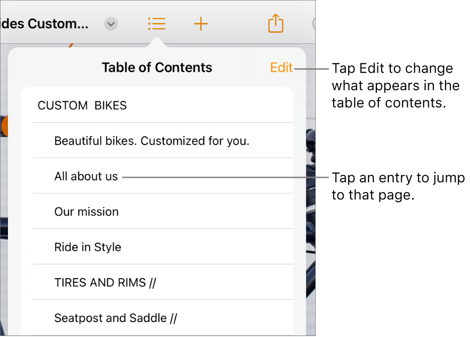 The table of contents view with entries in a list. The Edit button is at the top-right corner of the view.