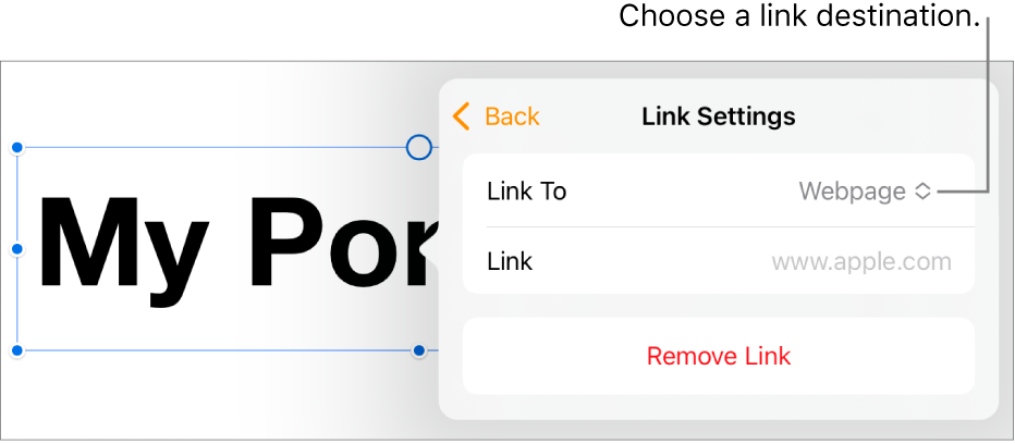 The Link Settings controls with Webpage selected, and the Remove Link button at the bottom.