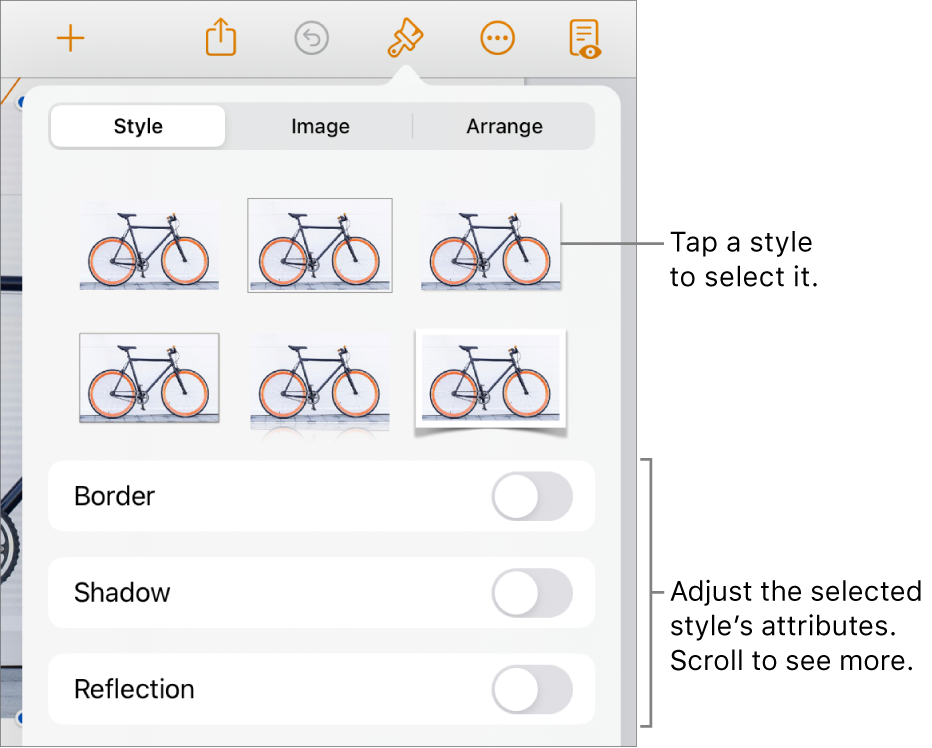 The Style tab of the Format menu with object styles at the top and controls below them to change the border, shadow, reflection, and opacity.