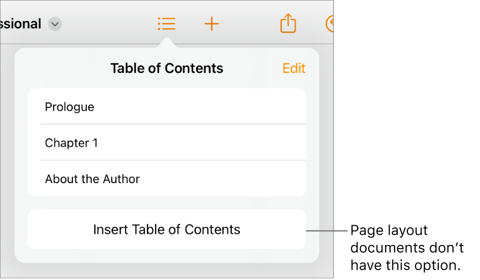 The table of contents view with Edit in the top-right corner, TOC entries, and the Insert Table of Contents button at the bottom.