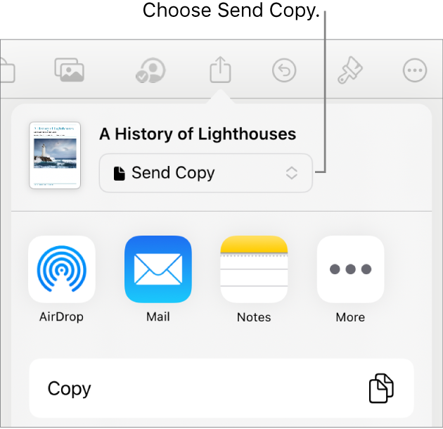 The Share menu with Send Copy selected at the top.