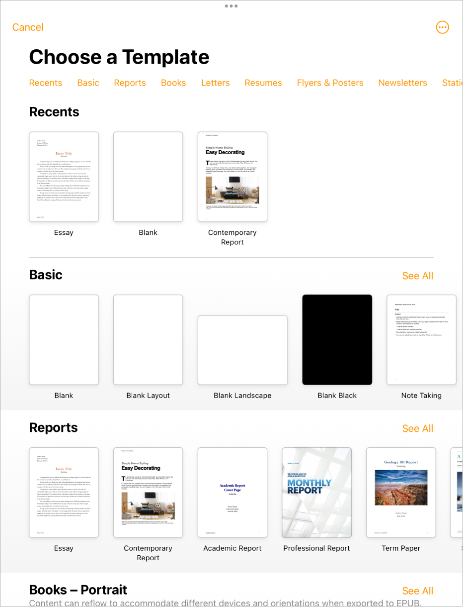 The template chooser, showing a row of categories across the top that you can tap to filter the options. Below are thumbnails of predesigned templates arranged in rows by category, starting with Recents at the top and followed by Basic and Reports. A See All button appears above and to the right of each category row. The Language and Region button is in the top-right corner.