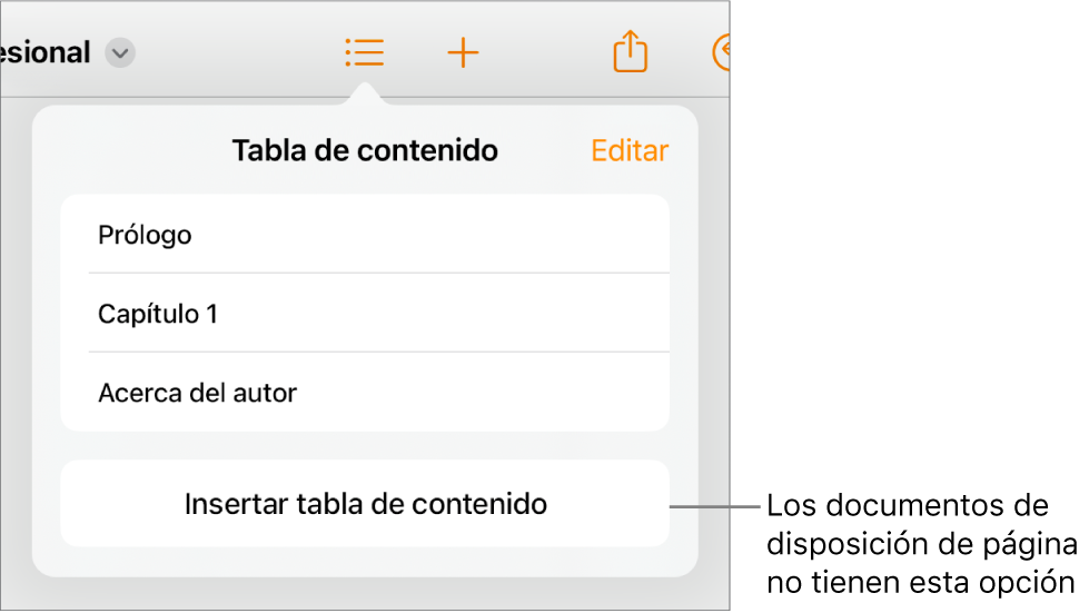 La visualización de la tabla de contenido con la opción Editar en la esquina superior derecha, las entradas de la tabla de contenido y el botón Insertar tabla de contenido en la parte inferior.