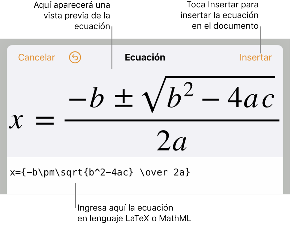 El diálogo de edición de ecuación con la fórmula cuadrática escrita con comandos de LaTeX y una previsualización de la fórmula encima.