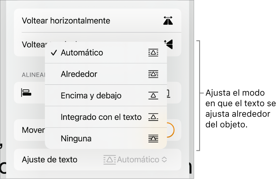 Los controles de Formato con la pestaña Disposición seleccionada. Debajo aparecen los controles de ajuste del texto, que incluyen “Mover a capa inferior/superior”, “Mover con texto” y “Ajuste de texto”.