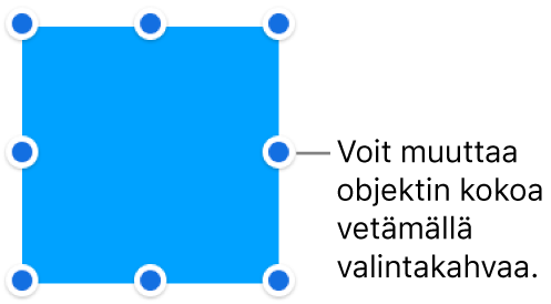 Objekti, jonka reunassa on sinisiä pisteitä sen koon muuttamista varten.