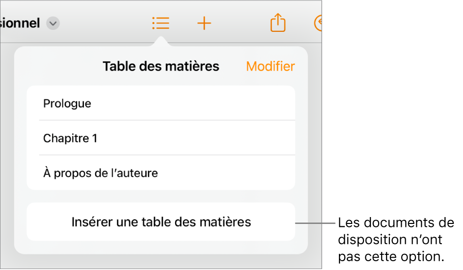 La présentation de la table des matières avec Modifier dans le coin supérieur droit, les entrées et le bouton Insérer une table des matières au bas.