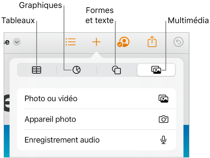 Commandes Insérer ouvertes avec boutons d’ajout de tableaux, graphiques, zones de texte, formes et contenu multimédia.