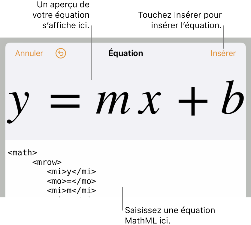 Code MathML de l’équation de la pente d’une droite et aperçu de la formule en haut.
