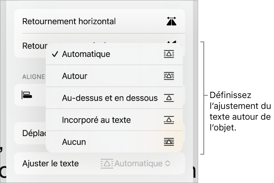 Les commandes Format avec l’onglet Disposition sélectionné. Les commandes « Ajuster le texte » avec les options « Placer derrière/devant », « Déplacer avec texte » et « Ajuster le texte » se trouvent en dessous.