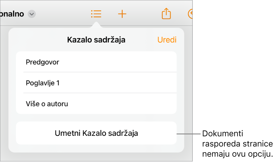 Prikaz kazala sadržaja s opcijom Uredi u gornjem desnom kutu, unosima u kazalo sadržaja i tipkom Umetni kazalo sadržaja na dnu.