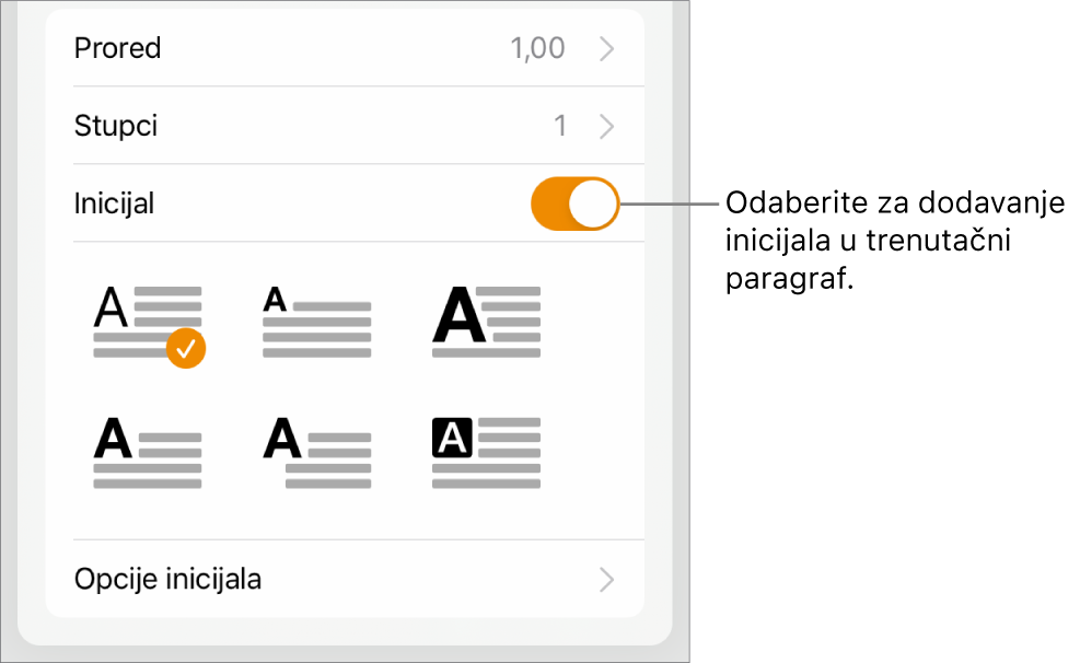 Kontrole opcija Inicijal koje se nalaze na dnu izbornika Tekst.