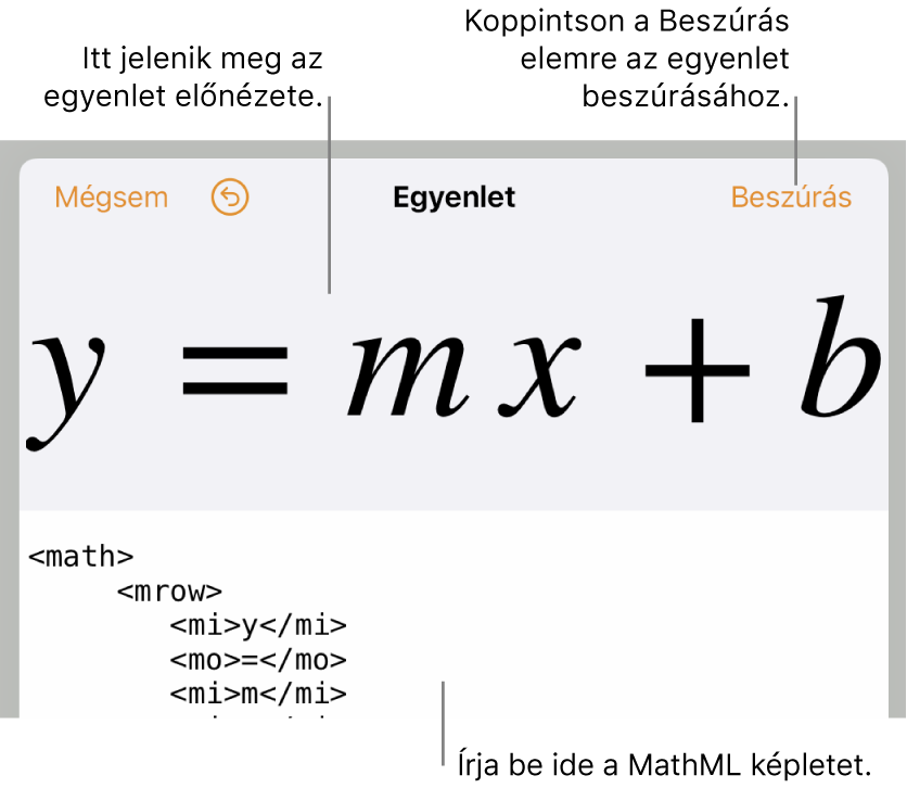 MathML-kód egy egyenes lejtését leíró egyenlethez és a fenti egyenlet előnézete.