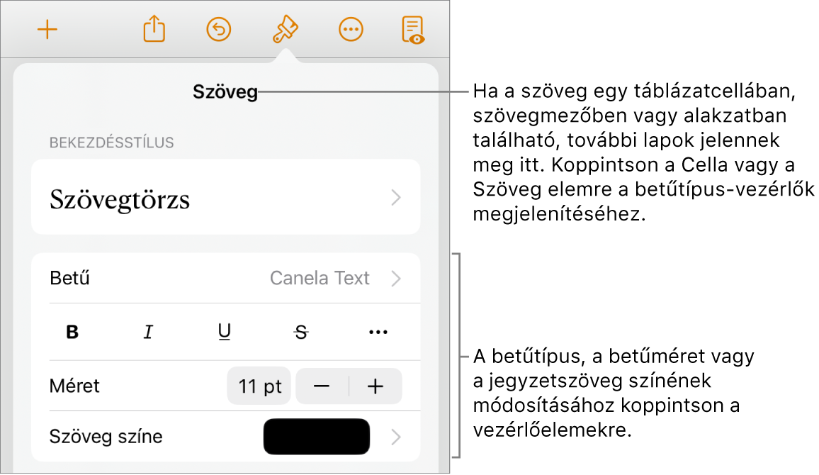 A Formátum menü szövegvezérlői a bekezdés és a karakterek stílusának, betűtípusának, méretének és színének beállításához.