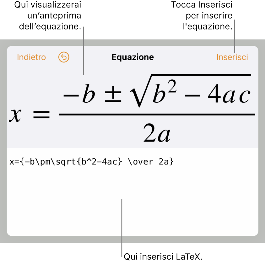 La formula quadratica scritta tramite LaTeX nel campo Equazione e un'anteprima della formula sotto.