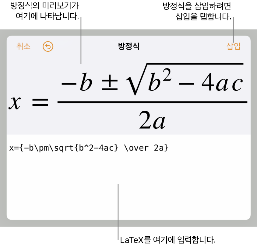 방정식 필드에 LaTeX를 사용하여 적은 근의 공식과 공식 미리보기는 아래와 같습니다.