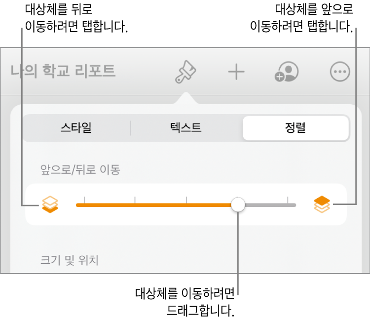 뒤로 이동 버튼, 앞으로 이동 버튼, 레이어 슬라이더.