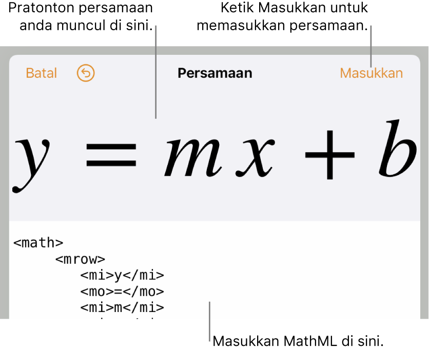 Kod MathML untuk cerun garis persamaan dan pratonton formula di bawah.