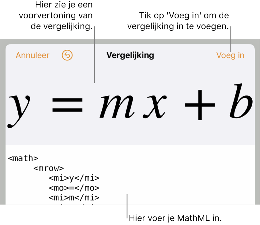 MathML-code voor de vergelijking voor de helling van een lijn, met daarboven een voorvertoning van de formule.