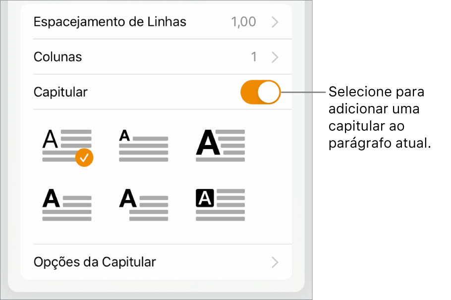 Controles Capitular localizados na parte inferior do menu Texto.