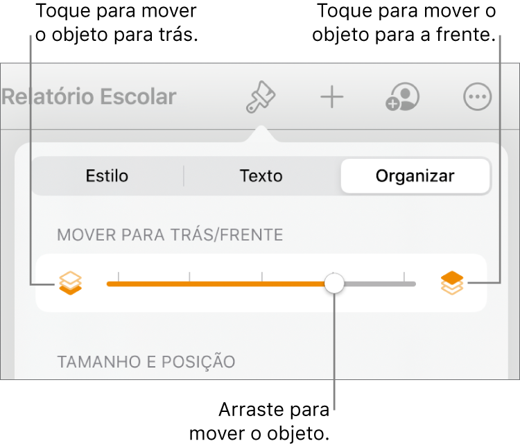 Botão Mover para Trás, botão Mover para a Frente e controle deslizante de camada