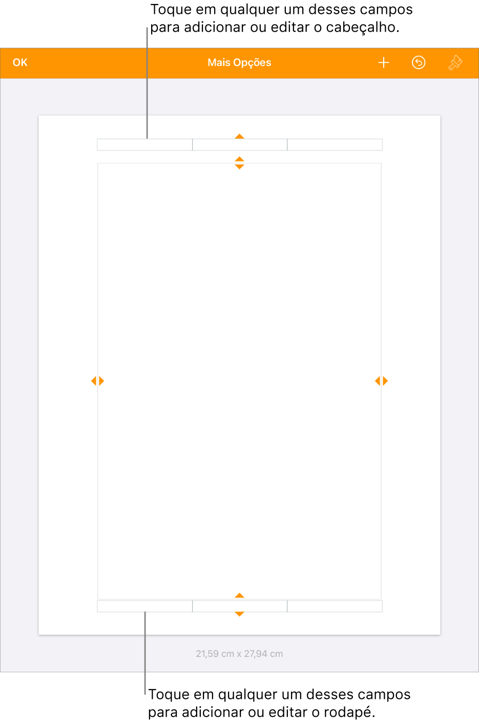Visualização Mais Opções, com três campos na parte superior do documento para o cabeçalho e três campos na parte inferior para o rodapé.