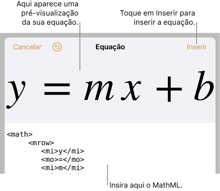 Código MathML para a equação da inclinação de uma linha e uma pré-visualização da fórmula acima.